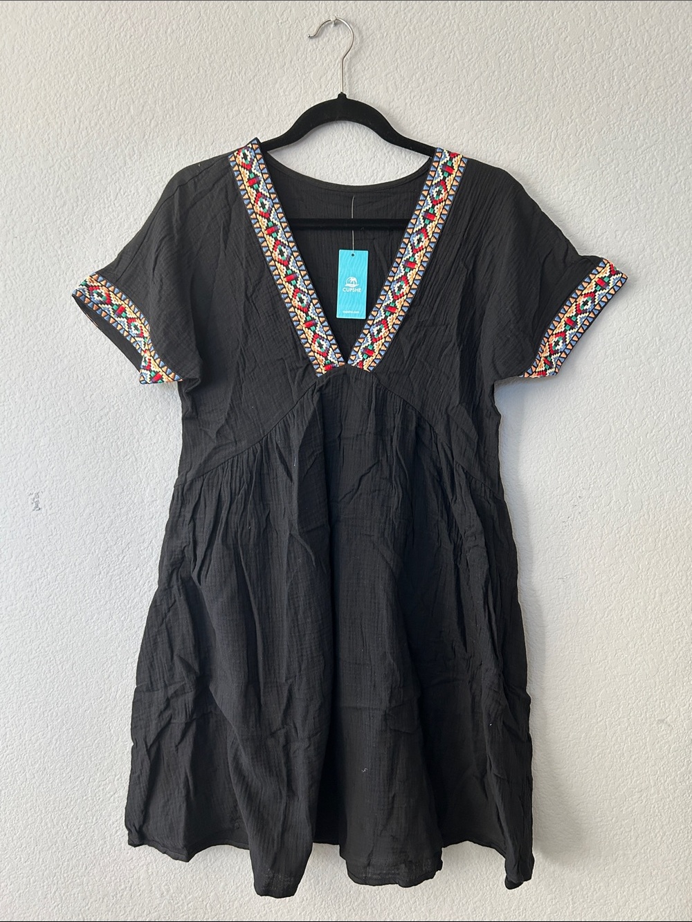 Cupshe Black Mini Dress with Multicolor‎ Embroidered Trim Boho Chic 100% Cotton